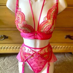 HONEY BIRDETTE LINGERIE SET BRA PANTY GARTER BARBIE PINK XXL SEXY SHEER